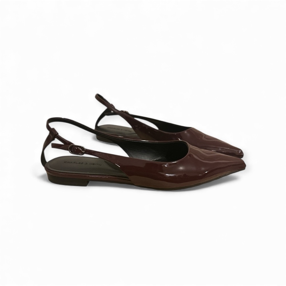 Charles & Keith Glossy Brown/Deep Burgundy Slingback Flats